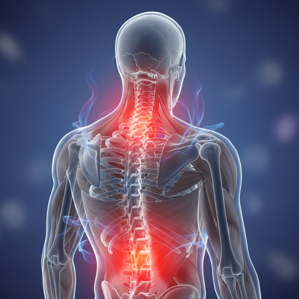 Representación anatómica de una columna vertebral humana con zonas resaltadas en rojo que indican dolor en el cuello y la espalda baja.