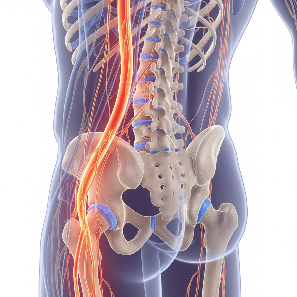 Representación anatómica de la columna vertebral, la pelvis y el nervio ciático resaltado en color brillante.