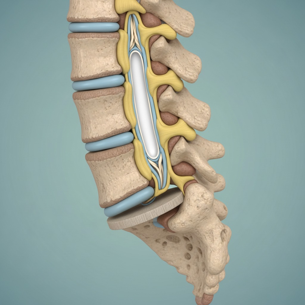Representación anatómica lateral de la columna vertebral humana que muestra los discos intervertebrales y el canal medular.