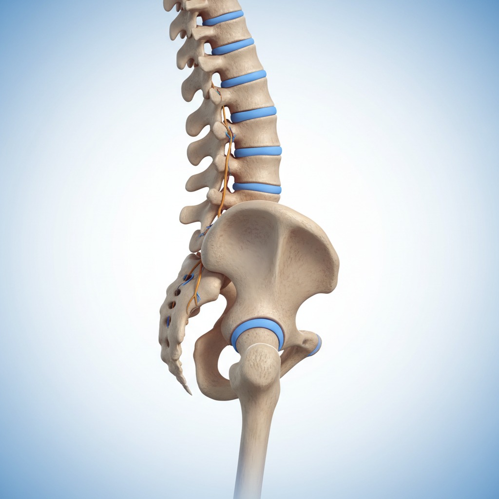 Representación anatómica de la columna lumbar, la pelvis y la parte superior del fémur con los nervios espinales visibles.