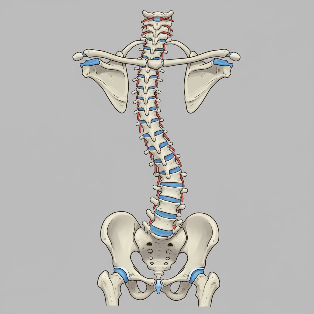 Ilustración anatómica de una columna vertebral humana que muestra una curvatura lateral característica de la escoliosis.