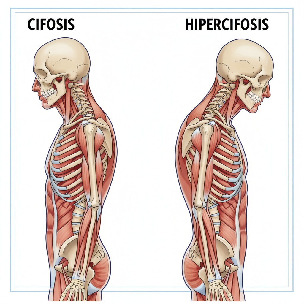 Ilustración anatómica que compara la curvatura normal de la columna vertebral, denominada cifosis, con la curvatura excesiva conocida como hipercifosis.