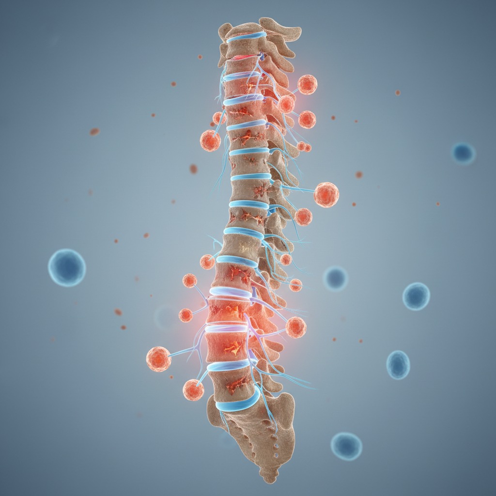 Representación tridimensional de una columna vertebral humana con inflamación en los discos intervertebrales y células circundantes.