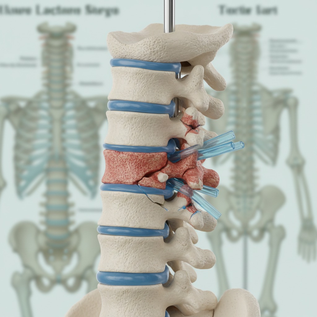 Modelo anatómico de una columna vertebral con una vértebra dañada y tubos de drenaje insertados.