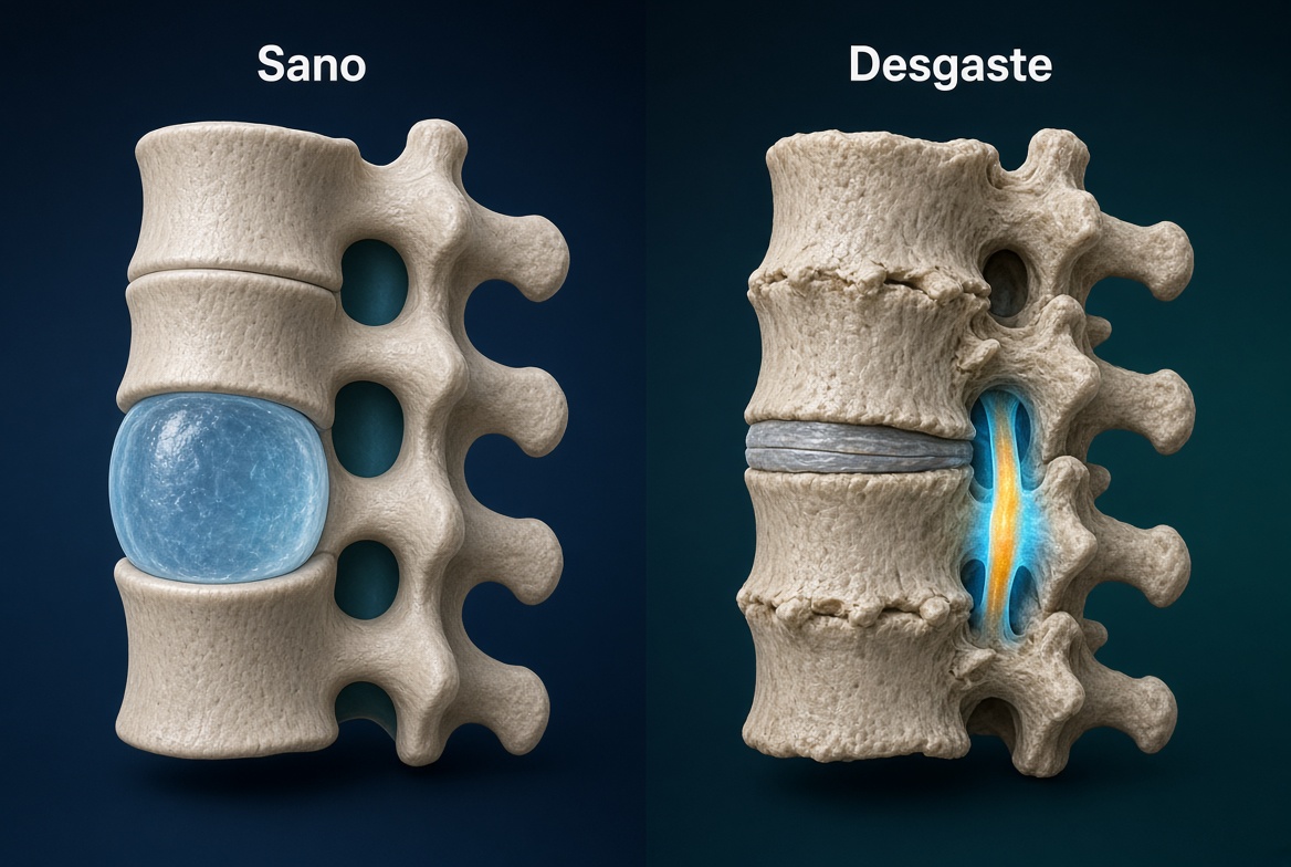 Segmento lumbar sano frente a un segmento con disco deshidratado y facetas desgastadas