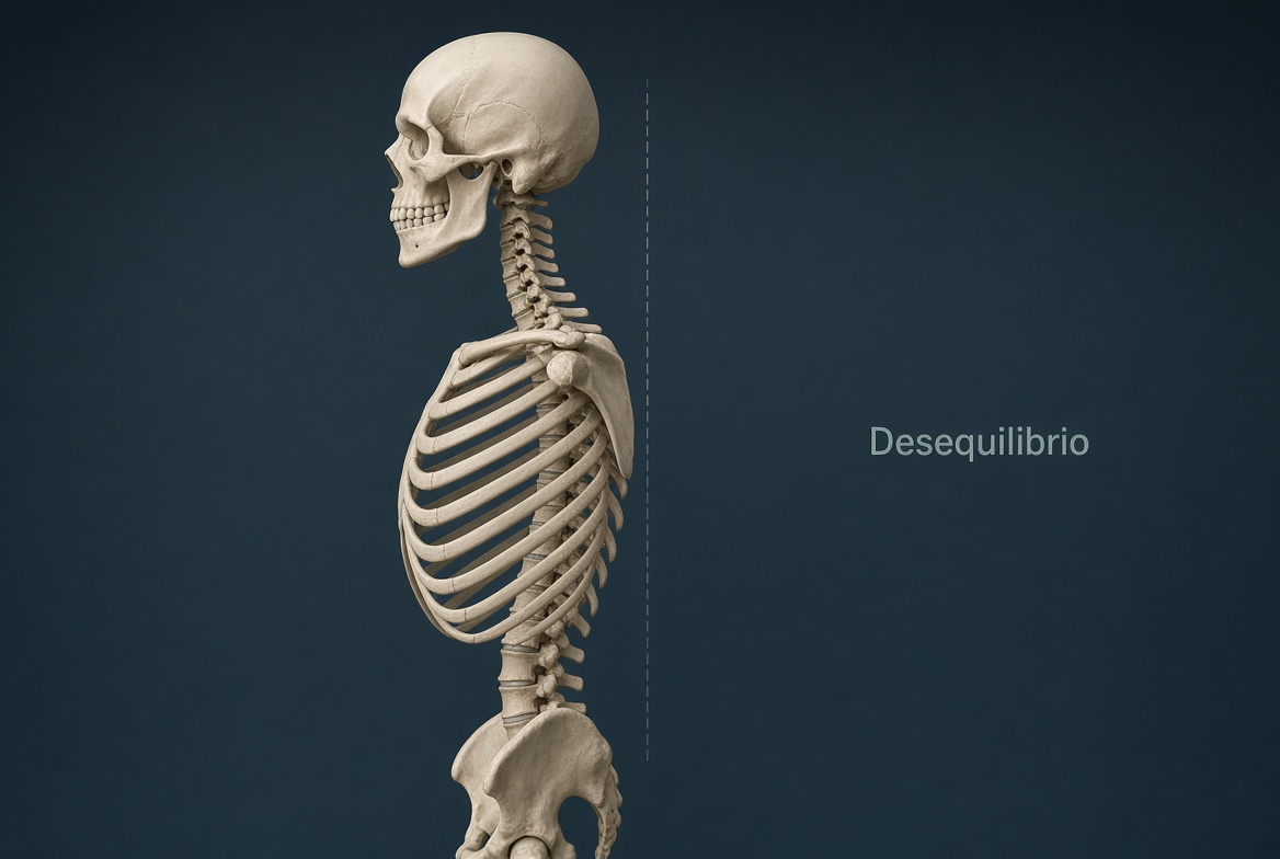 Persona de perfil con el tronco desplazado hacia adelante respecto a la pelvis