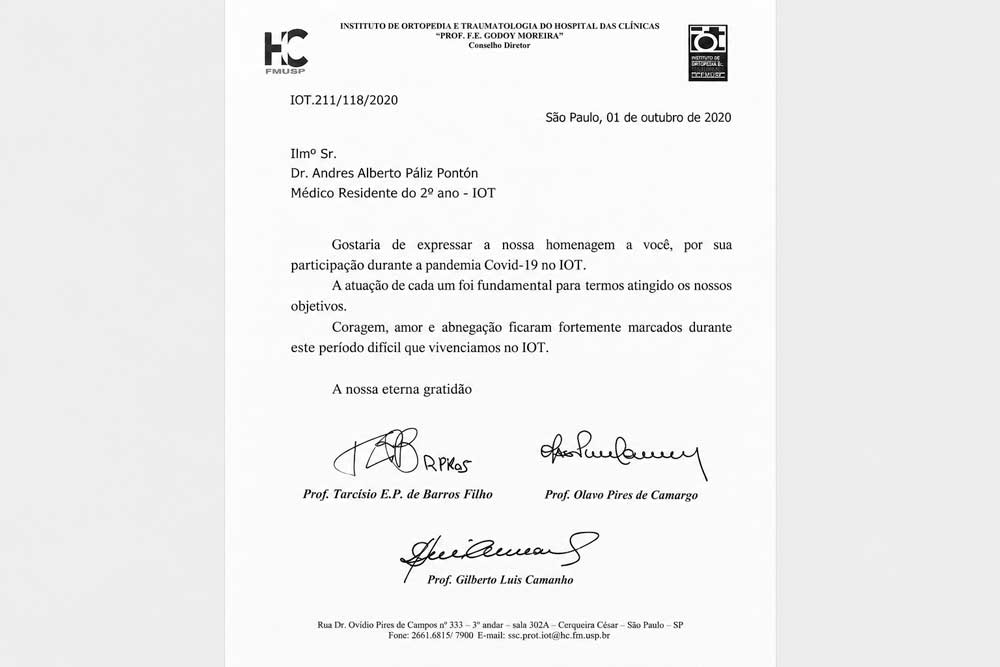 Documento del reconocimiento recibido por el Dr. Andrés Páliz durante la pandemia